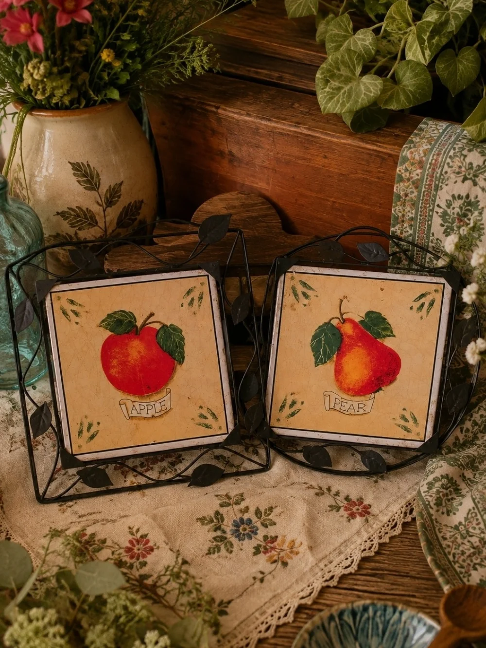 Farmers Market Rustic Fruit Ceramic Tile Wall Decor Red/Orange Pear & Apple